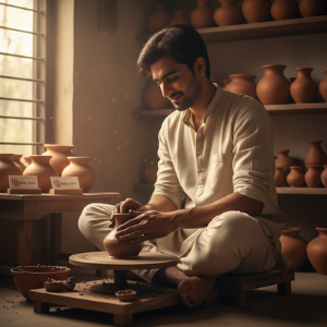 After learning his lesson from failure, Akash learns to make a pot on the potter's wheel himself.