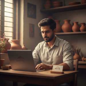 Akash confidently working on his laptop to rebuild his startup 'Kala-Setu'