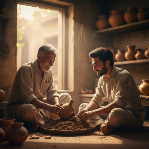 An old potter teaching Akash the lesson of failure by re-kneading the clay from a broken pot