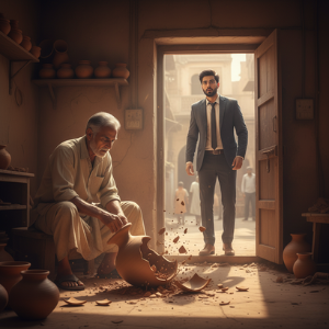 Akash standing at a doorway watching a potter with a broken clay pot